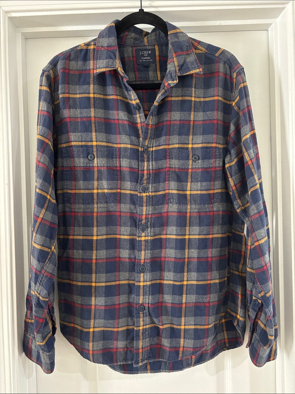 J. Crew Navy Plaid Button-Down Shirt with Red and Yellow Accents